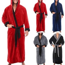 Men Long Dressing Gown Fleece Hooded Towelling Bath Robe Warm Lounge Nightgown*