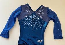 Alpha Factor Metallic Blue Rhinestone 3/4 Sleeve Competition Gymnastics Leotard