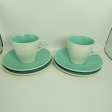 Poole Pottery Blue & Seagull Grey 2 x Tea Coffee Cups, Saucers & Cake Plates