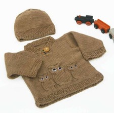Knitting pattern copy 0957.  Baby owl motif sweater & hat.  14-20 inch chest.  