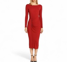 Kim Kardashian Dress M Red Long Sleeve Side Ruching Bodycon Holiday Party