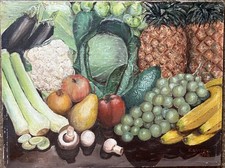 R.GATTON OIL PAINTING ON CANVAS STILL LIFE WITH FRUITS AND VEGETABLES 1986