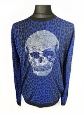 Markus Lupfer Merino Wool Sweater - Blue Animal Print With Sequin Skull - Mens L