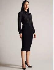 TED BAKER Dress Midi Womens TB 1 UK 8 Mersea Black Knitted Pencil Skirt Shirt