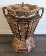 Vintage Lidded and Footed Woven Wicker Basket with Handles