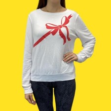 WILDFOX Gift Wrapped Baggy Jumper, Lovely Bow Print, Super Soft Fabric, White, M