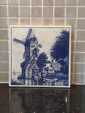 Vintage Ceramic Tile Dutch Delft Village Windmill With Boat scene 6" x 6"