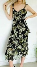 BNWT Oasis Tropical Palm Black Green Leaf Ruffle RARA Tiered Dress 12 / s 14 £70