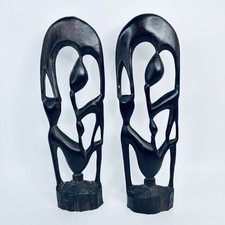 Mid Century Modern Hand Carved Wood Folk Art Figures Sculpture Pair wall Hanging