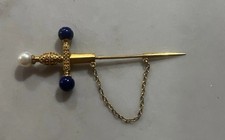 Italian 1950 Dagger Jabot Brooch In 22K Gold With Lapis Lazuli  3.4G Rare Solid