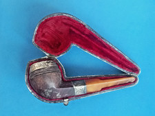 Antique 1902 Smoking Pipe in Leather Case with Hallmarked Silver Collar