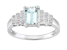 9ct White Gold 1.00ct Aquamarine & Diamond Ring - sizes J to S - Art Deco Design