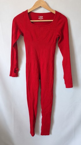 Red ribbed long sleeve unitard - long,