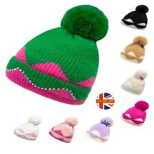 LADIES WOMENS WINTER KNITTED BEANIE SKI HAT THERMAL FAUX FUR BOBBLE POM POM NEW