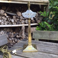 Old Vintage Art Nouveau Style Brass & Glass Oil Lamp Design Electric Table Lamp