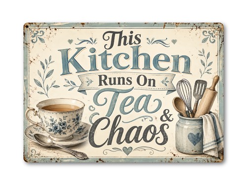 Metal plaque this kitchen - this, runs