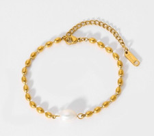 Belle Freshwater Pearl Beaded Chain Bracelet Stainless Steel Gold plated (123)