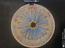 Blue Dahlia, floral, embroidery artwork, handmade, finished.