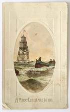 A Merry Christmas To You Postcard. 1909. Rough Sea with Rowing Boat & Lighthouse