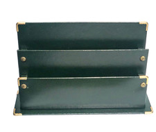 Vintage Green Leather Desk Organizer Letter Rack Mail Sorter 3 Tier 30.5cm
