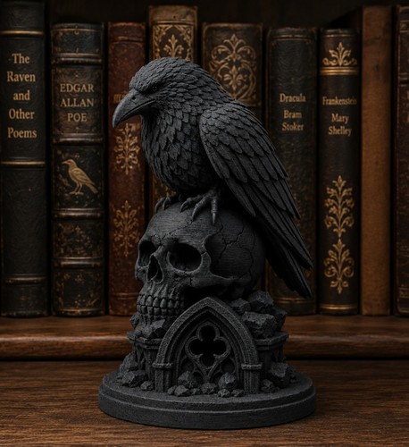 Gothic raven skull statue - gothic,