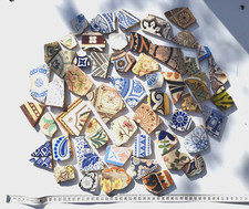 Antique pottery tiles, great colours and designs recovered from old bottle dump