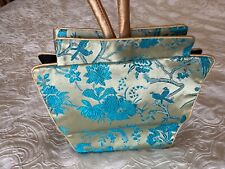 CHINESE SILK EVENING BAG. Unusual opening. Teal / turquoise  & Gold. 1 handle. 