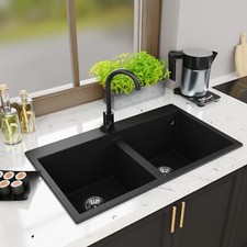Granite Sink Double Kitchen Sink Built-in Sink Drain Siphon Elle 2.0 Black M.