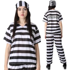 WOMENS PRISONER COSTUME BLACK WHITE TOP TROUSERS CONVICT HALLOWEEN FANCY DRESS