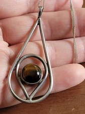 RARE EARLY OLA  GORIE STERLING SILVER & TIGER'S EYE PENDANT NECKLACE
