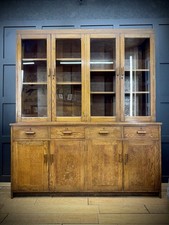 Antique Oak School Science Cabinet Glazed Display Bookcase Cupboard Pantry