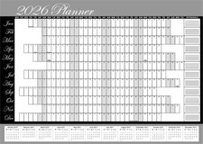 A3 - 1.6M Year Planner Wall Calendar Home Office Grey Black Holidays