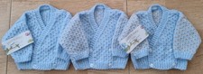 HAND KNITTED NEWBORN BABY BOY'S CROSSOVER STYLE CARDIGAN BLUE/GREY/BEIGE STRIPES