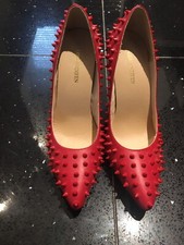 Designer Inspired Red Pointed Studded High Heeled Shoes Size 40