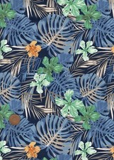 100% Cotton Fabric Hawaiian Tropical Leaves Floral  Blue Green Gold  Craft
