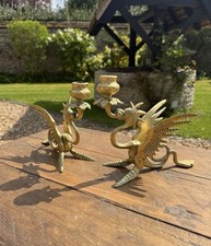 Vintage Pair Brass Griffin Dragon Phoenix Candle Holders Gothic Art