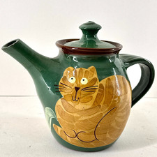Vintage Terracotta Teapot Hand Painted Cat Design Studio Pottery Green Brown