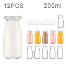 Mini Milk Bottle 200ml Glass Retro Milkshake Juice Water Bottle Set of 12 W/ Lid