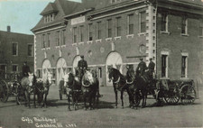 Postcard Canton Illinois Fire Department City Building Horse-Drawn Equipment