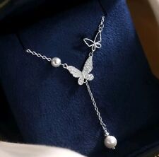 Pearl Double Butterfly Pendant 925 Sterling Silver Necklace Women Jewellery Gift
