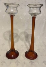 Stunning Pair Tall Art Glass Candle Holders amber brown trumpet stem clear top