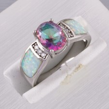 7x9 Oval Rainbow Mystic Topaz White Fire Opal Silver Jewelry Ring Size 7 8 9