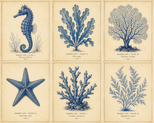 Blue sea life prints set - 60.,