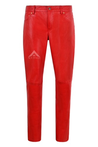 Ladies leather pant red - leather, jeans