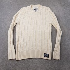 Superdry Mens Jumper Large Cream Cable Chunky Knit Sweater Pullover Cricket