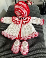 Hand Crocheted Matinee Jacket Bonnet and Shoes Set