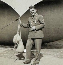 Vintage 1940s WWII Sepia Photograph American Army Soldier Posing Barrage Balloon