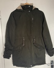 Army Green Parka Jacket Khaki Olive Coat Faux Fur Lined Hooded Size 6 (Up to 8)