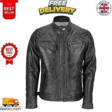 Mens Black Biker Vintage Motorcycle Racer Genuine Leather Jacket Large Size