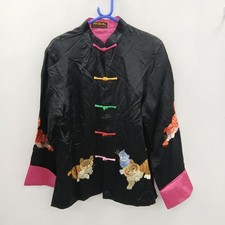 River Thai Silk Jacket C44 UK 16 Black Pink Multi Embroidered Cats RMF30-RP